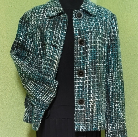 JM Collection Jackets & Blazers - Vintage JM Collection Women's Tweed Plaid Pattern Jacket Teal,Blk, White Sz 12